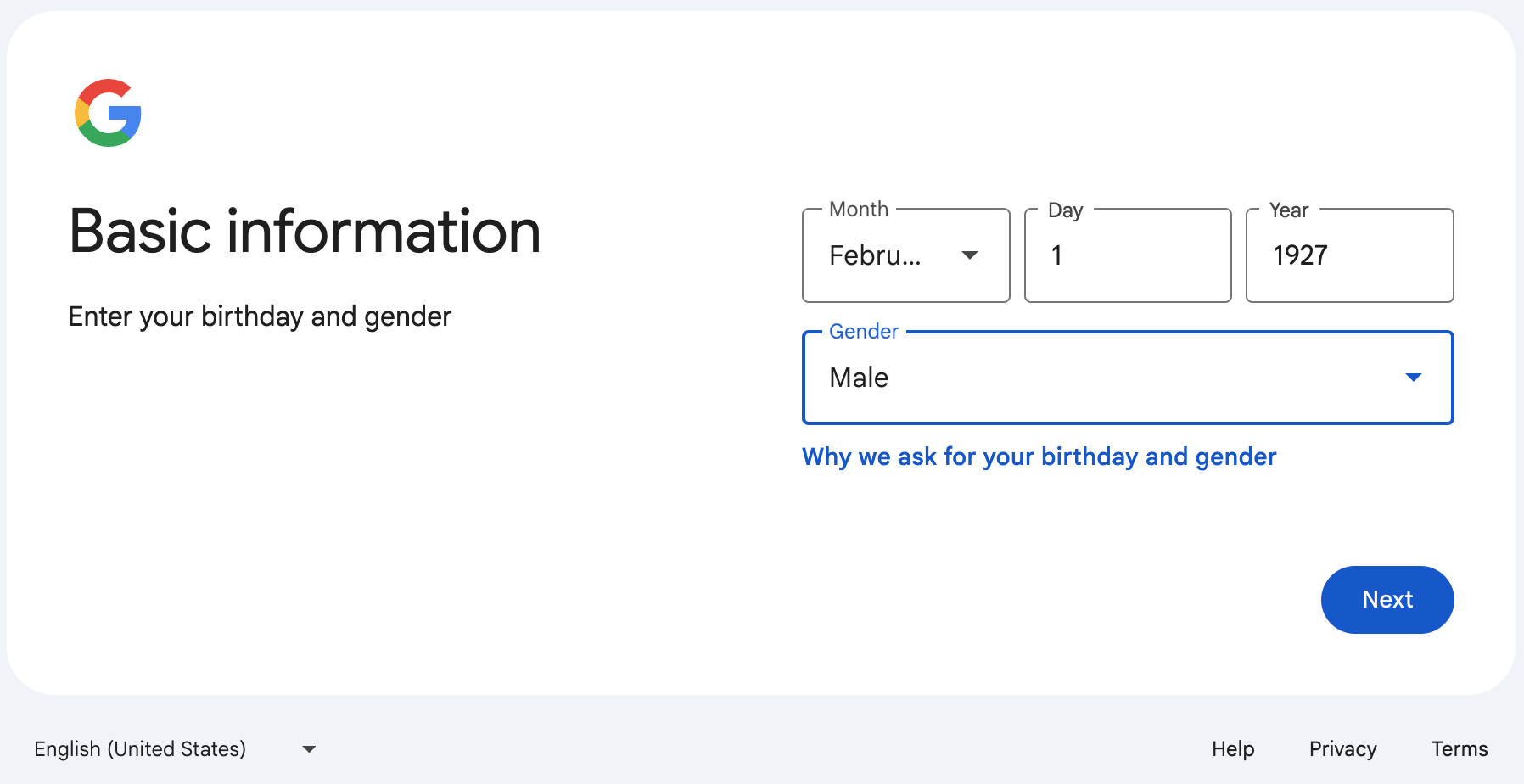 Create A Google Account Screen Step 2